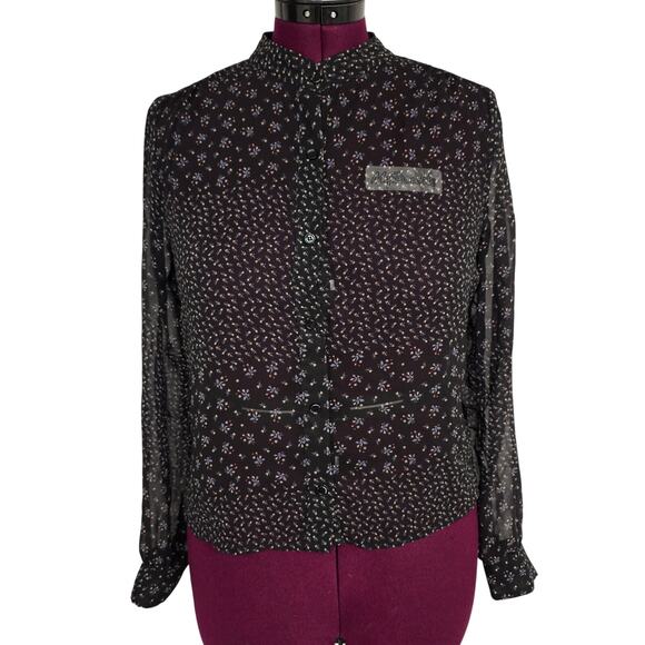 Women's Forever 21 Black Floral Sheer Button Up Open/Crop Back - Size Medium - Picture 1 of 7